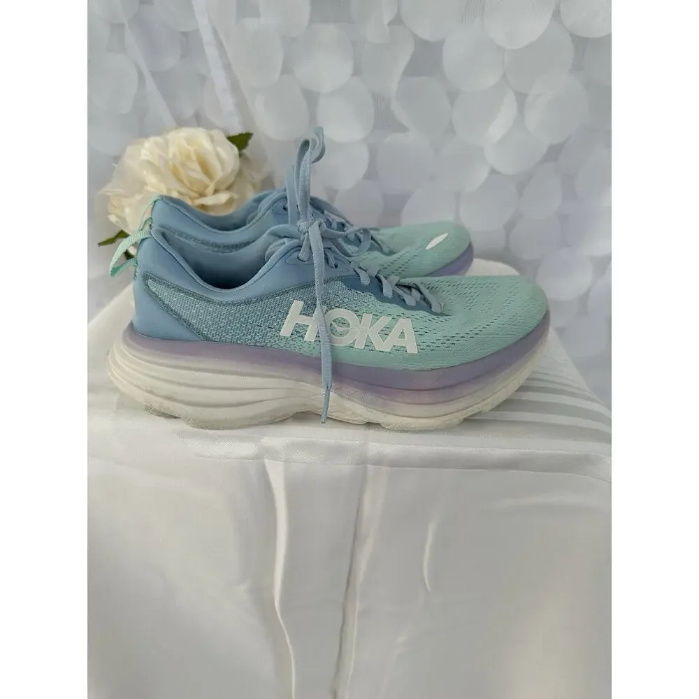 Hoka One One Womens 7.5 Bondi 8 Blue Lavender Casual Athletic Sneakers CLEANED